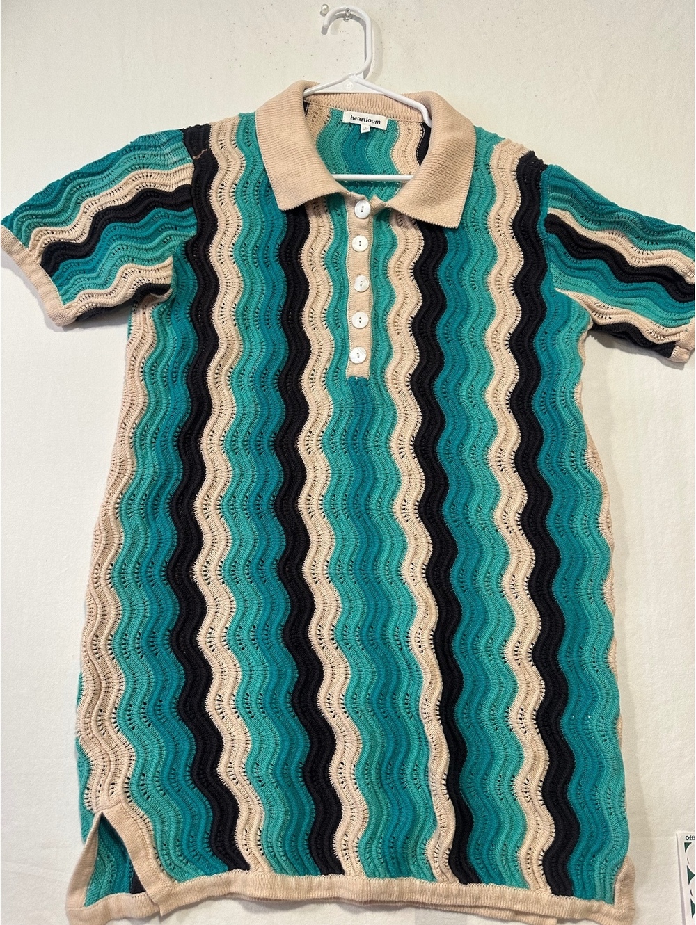 Heartloom Wavy Knit Polo Dress Teal Navy Cream Striped Women’s Large